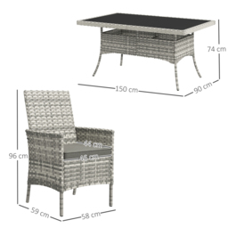 Outsunny Rattan Garden Furniture Set, 6 Seater Outdoor Dining Table and Chairs with Cushions, 150 x 90cm Rectangular Tempered Glass Table, 6 Armchairs, for Terrace, Conservatory, Balcony, Mixed-Grey - thumbnail 3