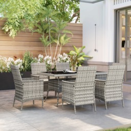 Outsunny Rattan Garden Furniture Set, 6 Seater Outdoor Dining Table and Chairs with Cushions, 150 x 90cm Rectangular Tempered Glass Table, 6 Armchairs, for Terrace, Conservatory, Balcony, Mixed-Grey - thumbnail 9