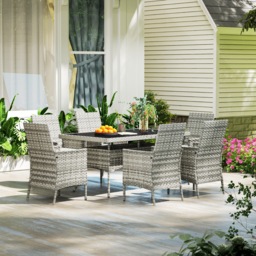 Outsunny Rattan Garden Furniture Set, 6 Seater Outdoor Dining Table and Chairs with Cushions, 150 x 90cm Rectangular Tempered Glass Table, 6 Armchairs, for Terrace, Conservatory, Balcony, Mixed-Grey - thumbnail 8