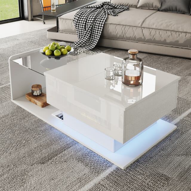 High-Gloss Coffee Table with Height and LED Lighting, Tea Table with Tempered Glass Top for Living Room, 100L x 50W x 33H cm, White - Aosom UK - image 1