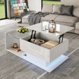 High-Gloss Coffee Table with Height and LED Lighting, Tea Table with Tempered Glass Top for Living Room, 100L x 50W x 33H cm, White - Aosom UK - thumbnail 5