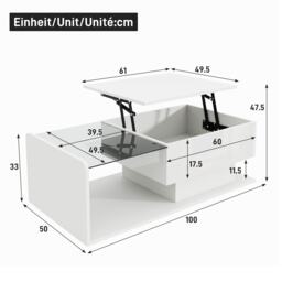 High-Gloss Coffee Table with Height and LED Lighting, Tea Table with Tempered Glass Top for Living Room, 100L x 50W x 33H cm, White - Aosom UK - thumbnail 3