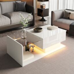 High-Gloss Coffee Table with Height and LED Lighting, Tea Table with Tempered Glass Top for Living Room, 100L x 50W x 33H cm, White - Aosom UK - thumbnail 6