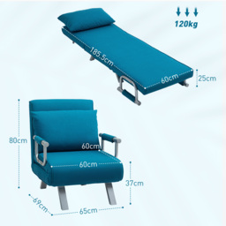 HOMCOM 4-in-1 Faux Suede Chair Bed - Blue - thumbnail 3