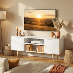 HOMCOM TV Unit Cabinet for TVs up to 55 Inches, TV Stand with Storage Shelves and Wood Legs for Living Room, White - Aosom UK - thumbnail 8