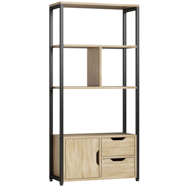 HOMCOM 4-Tier Bookcase, Bookshelf with 1 Cabinet and 2 Drawers for Living Room, Bedroom, Study, Natural Wood - image 1