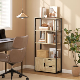 HOMCOM 4-Tier Bookcase, Bookshelf with 1 Cabinet and 2 Drawers for Living Room, Bedroom, Study, Natural Wood - thumbnail 2