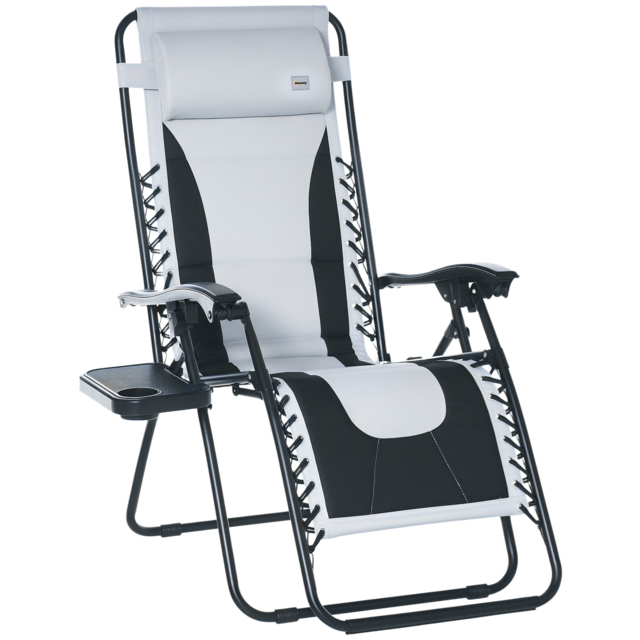 Outsunny Zero Gravity Chair, Folding Recliner, Patio Lounger w/ Cup Holder, Adjustable Backrest, Padded Pillow for Patio, Deck, Light Grey - Aosom UK - image 1