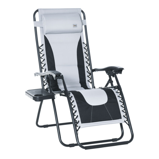 Outsunny Zero Gravity Chair, Folding Recliner, Patio Lounger w/ Cup Holder, Adjustable Backrest, Padded Pillow for Patio, Deck, Light Grey - Aosom UK - image 1