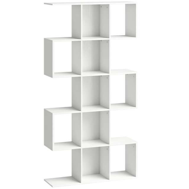 HOMCOM 5-Tier Bookshelf, S Shaped Geometric Bookcase with 15 Compartments, White Wood Effect - image 1