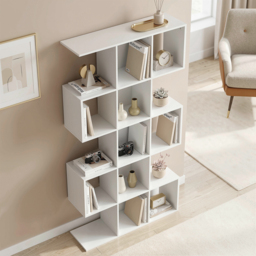 HOMCOM 5-Tier Bookshelf, S Shaped Geometric Bookcase with 15 Compartments, White Wood Effect - thumbnail 9