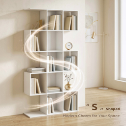HOMCOM 5-Tier Bookshelf, S Shaped Geometric Bookcase with 15 Compartments, White Wood Effect - thumbnail 4