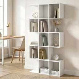 HOMCOM 5-Tier Bookshelf, S Shaped Geometric Bookcase with 15 Compartments, White Wood Effect - thumbnail 2
