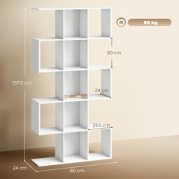 HOMCOM 5-Tier Bookshelf, S Shaped Geometric Bookcase with 15 Compartments, White Wood Effect - thumbnail 3