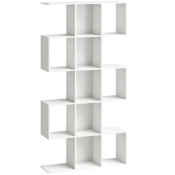 HOMCOM 5-Tier Bookshelf, S Shaped Geometric Bookcase with 15 Compartments, White Wood Effect