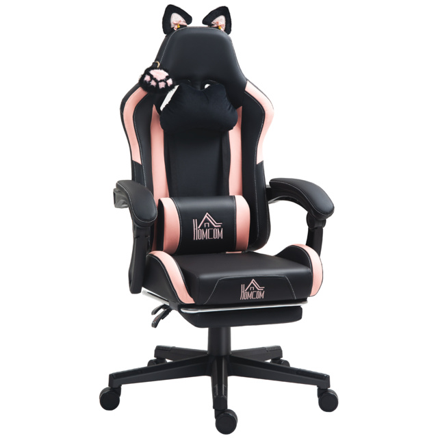 HOMCOM Cat Ear and Paw Reclining Office Chair, with Footrest - Black/Pink - image 1