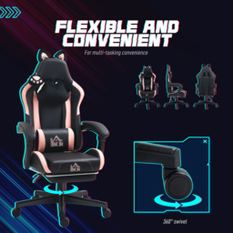 HOMCOM Cat Ear and Paw Reclining Office Chair, with Footrest - Black/Pink - thumbnail 7