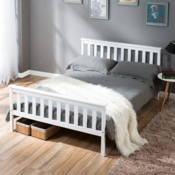 Double Wooden Bed Frame 4ft6 Solid Pine Wood with Eco-Friendly Finish, No Box Spring Required, Kids Double Bed, 198x141x82 cm, White - Aosom UK
