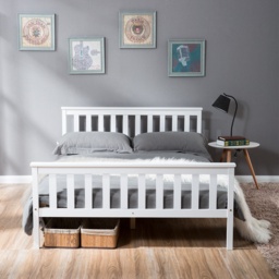 Double Wooden Bed Frame 4ft6 Solid Pine Wood with Eco-Friendly Finish, No Box Spring Required, Kids Double Bed, 198x141x82 cm, White - Aosom UK - thumbnail 4