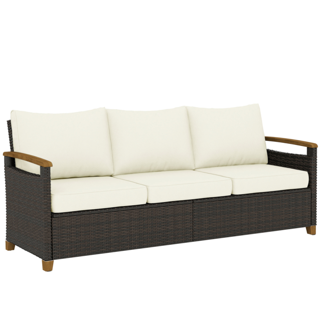 "Outsunny 3 Seater Rattan Garden Sofa, PE Wicker Outdoor Sofa Wide Deep Seat, 4"" Cushions, Wood-Effect Armrests Legs, Brown" - image 1