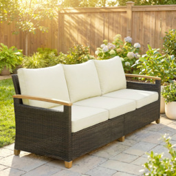 "Outsunny 3 Seater Rattan Garden Sofa, PE Wicker Outdoor Sofa Wide Deep Seat, 4"" Cushions, Wood-Effect Armrests Legs, Brown" - thumbnail 2