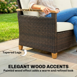 "Outsunny 3 Seater Rattan Garden Sofa, PE Wicker Outdoor Sofa Wide Deep Seat, 4"" Cushions, Wood-Effect Armrests Legs, Brown" - thumbnail 8
