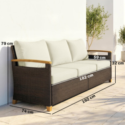 "Outsunny 3 Seater Rattan Garden Sofa, PE Wicker Outdoor Sofa Wide Deep Seat, 4"" Cushions, Wood-Effect Armrests Legs, Brown" - thumbnail 3