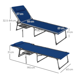 Outsunny Folding Sun Lounger with Side Table, 5-Level Adjustable Reclining Sun Lounger Chair, Portable Garden Recliner Sunbed with Side Pocket, Head Pillow for Patio, Beach, Dark Blue - thumbnail 3