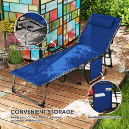 Outsunny Folding Sun Lounger with Side Table, 5-Level Adjustable Reclining Sun Lounger Chair, Portable Garden Recliner Sunbed with Side Pocket, Head Pillow for Patio, Beach, Dark Blue - thumbnail 6
