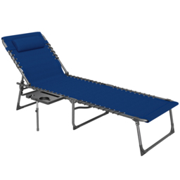 Outsunny Folding Sun Lounger with Side Table, 5-Level Adjustable Reclining Sun Lounger Chair, Portable Garden Recliner Sunbed with Side Pocket, Head Pillow for Patio, Beach, Dark Blue - thumbnail 1
