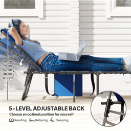 Outsunny Folding Sun Lounger with Side Table, 5-Level Adjustable Reclining Sun Lounger Chair, Portable Garden Recliner Sunbed with Side Pocket, Head Pillow for Patio, Beach, Dark Blue - thumbnail 4