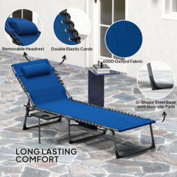 Outsunny Folding Sun Lounger with Side Table, 5-Level Adjustable Reclining Sun Lounger Chair, Portable Garden Recliner Sunbed with Side Pocket, Head Pillow for Patio, Beach, Dark Blue - thumbnail 5