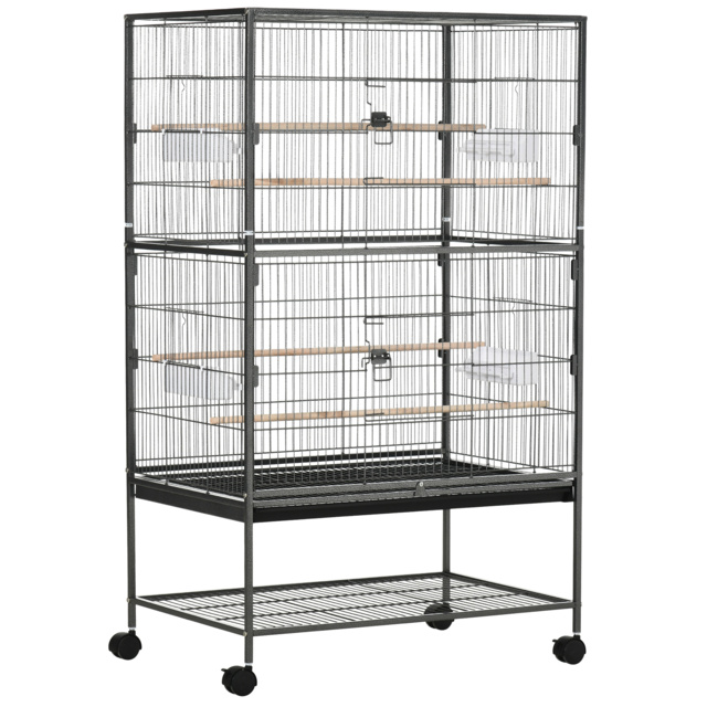 PawHut Large Bird Cage Budgie Cage for Finch Canaries Parakeet w/ Rolling Stand, Slide-out Tray, Shelf, Food Containers, Dark Grey - Aosom UK - image 1