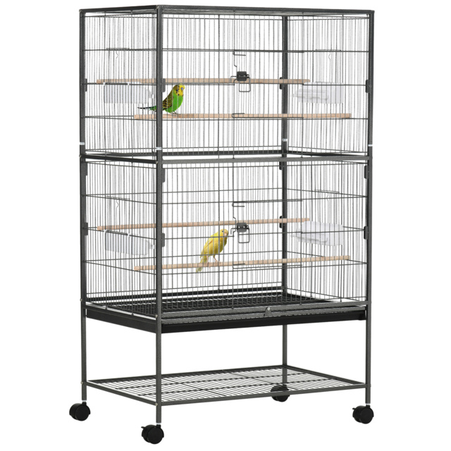 PawHut Large Bird Cage Budgie Cage for Finch Canaries Parakeet w/ Rolling Stand, Slide-out Tray, Shelf, Food Containers, Dark Grey - Aosom UK - image 1