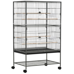 PawHut Large Bird Cage Budgie Cage for Finch Canaries Parakeet w/ Rolling Stand, Slide-out Tray, Shelf, Food Containers, Dark Grey - Aosom UK - thumbnail 1