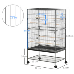 PawHut Large Bird Cage Budgie Cage for Finch Canaries Parakeet w/ Rolling Stand, Slide-out Tray, Shelf, Food Containers, Dark Grey - Aosom UK - thumbnail 3