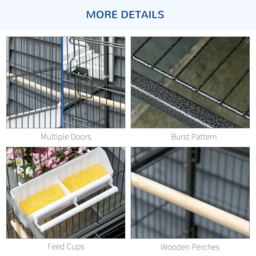 PawHut Large Bird Cage Budgie Cage for Finch Canaries Parakeet w/ Rolling Stand, Slide-out Tray, Shelf, Food Containers, Dark Grey - Aosom UK - thumbnail 7
