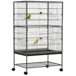 PawHut Large Bird Cage Budgie Cage for Finch Canaries Parakeet w/ Rolling Stand, Slide-out Tray, Shelf, Food Containers, Dark Grey - Aosom UK