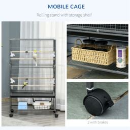 PawHut Large Bird Cage Budgie Cage for Finch Canaries Parakeet w/ Rolling Stand, Slide-out Tray, Shelf, Food Containers, Dark Grey - Aosom UK - thumbnail 5