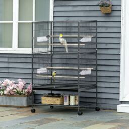 PawHut Large Bird Cage Budgie Cage for Finch Canaries Parakeet w/ Rolling Stand, Slide-out Tray, Shelf, Food Containers, Dark Grey - Aosom UK - thumbnail 2