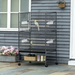 PawHut Large Bird Cage Budgie Cage for Finch Canaries Parakeet w/ Rolling Stand, Slide-out Tray, Shelf, Food Containers, Dark Grey - Aosom UK - thumbnail 2