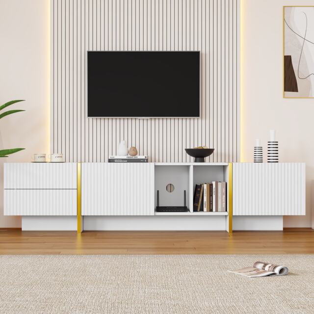 Modern TV Cabinet with Storage Cabinet and Open Shelves for 85-Inch TV, Entertainment Centre for Living Room, 190L x 35W x 45H cm, White+Gold - Aosom.UK - image 1