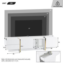 Modern TV Cabinet with Storage Cabinet and Open Shelves for 85-Inch TV, Entertainment Centre for Living Room, 190L x 35W x 45H cm, White+Gold - Aosom.UK - thumbnail 3