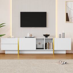 Modern TV Cabinet with Storage Cabinet and Open Shelves for 85-Inch TV, Entertainment Centre for Living Room, 190L x 35W x 45H cm, White+Gold - Aosom.UK - thumbnail 1