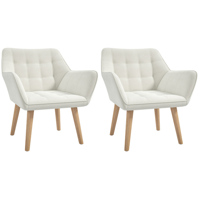 Set of 2 Accent Chair, Arm Chair with Slanted Back, Thick Padding and Rubber Wooden Legs for Living Room, Cream White - image 1