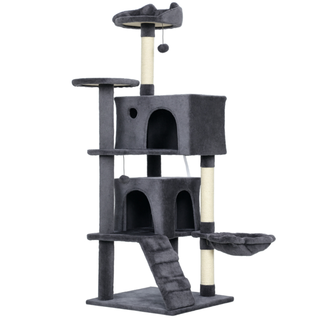 PawHut 140cm Large Cat Tree Tower with Sisal Scratching Posts, Cat Houses, Plush Perches, Hammock, Ladder, Dark Grey - image 1