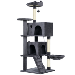 PawHut 140cm Large Cat Tree Tower with Sisal Scratching Posts, Cat Houses, Plush Perches, Hammock, Ladder, Dark Grey - thumbnail 1