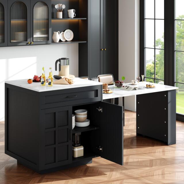 Extendable Bar Table with 2 Drawers and 4 Compartments, Expandable Kitchen Island for 2–6 People, 133-202L x 70W x 93.5H cm, Black - Aosom UK - image 1