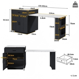 Extendable Bar Table with 2 Drawers and 4 Compartments, Expandable Kitchen Island for 2–6 People, 133-202L x 70W x 93.5H cm, Black - Aosom UK - thumbnail 3