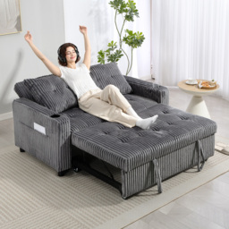 HOMCOM 2 Seater Click Clack Sofa Bed with Pull Out Design, Corduroy Upholstery - Charcoal Grey - thumbnail 8
